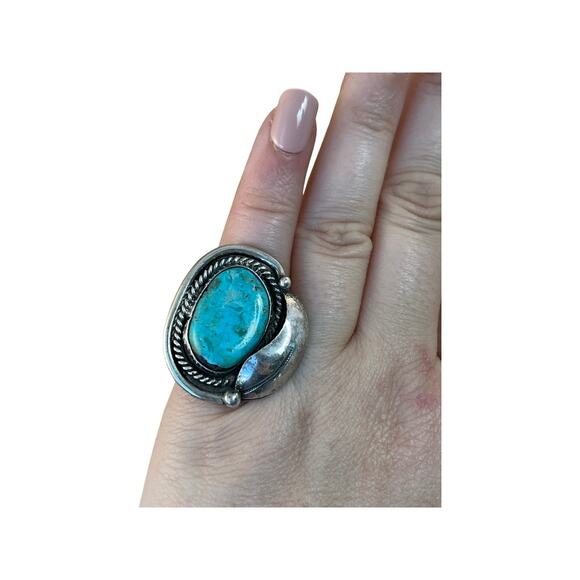 Vintage Blue Turquoise Leaf Sterling Silver Native American Navajo Ring Sz 4.5 - Picture 10 of 10